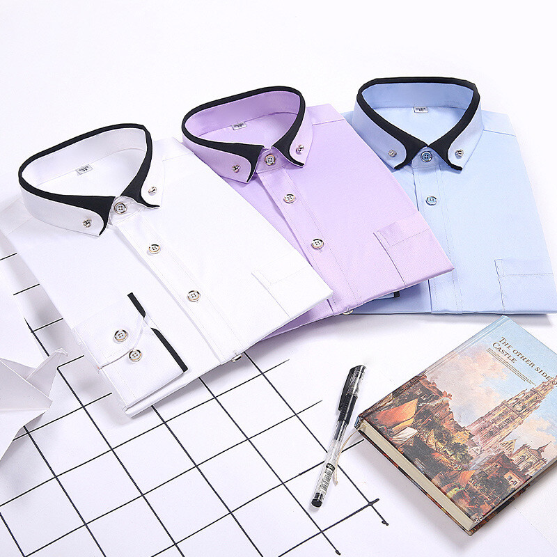 Luxus férfi közösségi ingek Divat Őszi hosszú ujjú üzleti alkalmi ruha Vasalásmentes ránctalanító karcsúsított fekete férfi ruházat