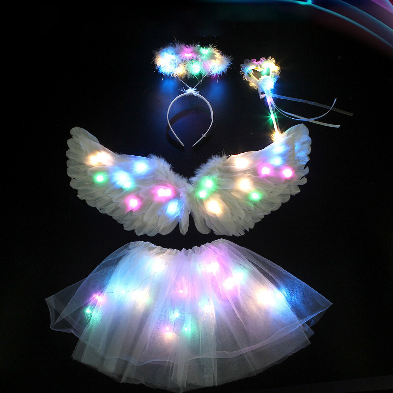 LED gaismas eņģeļu spalvu spārni Tutu mirdz tumsā kāzu dzimšanas dienas ballīte Cosplay princese feja, pieaugušais mazulis, gaišs spārns