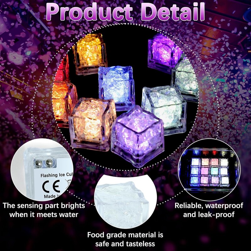 12 vnt vandeniui atsparūs LED ledo kubeliai užsidega ledo kubeliai, daugkartiniai mirksintys švytintys ledo kubeliai skysčio jutiklis švytintys ledo kubeliai gėrimų barui