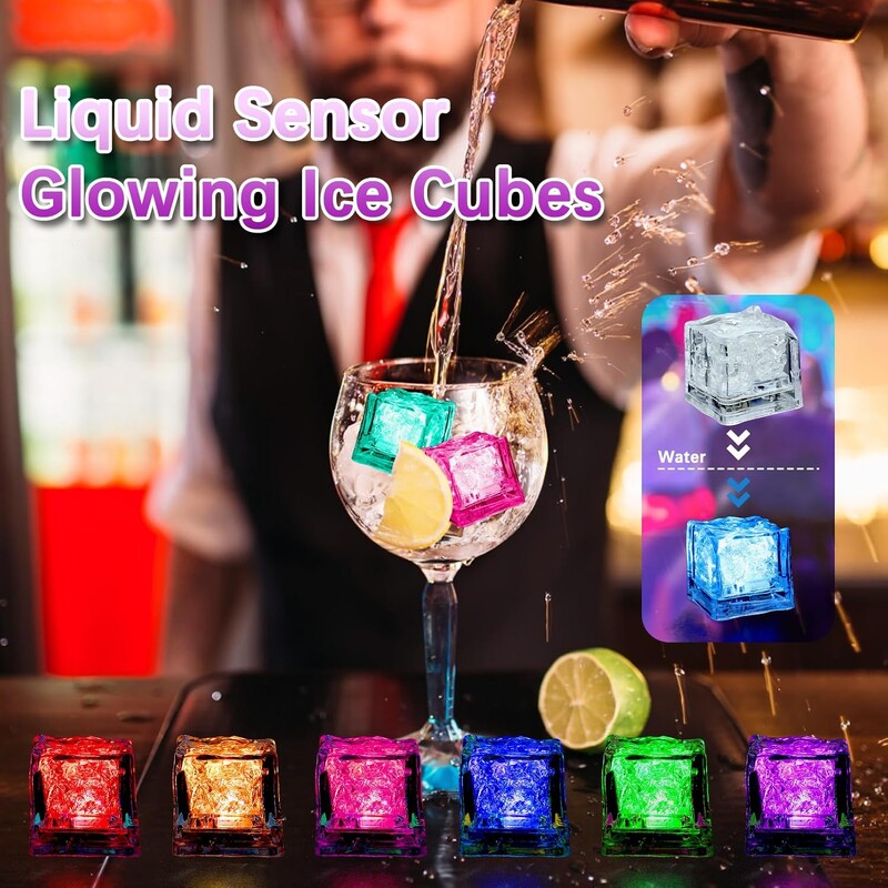 12 vnt vandeniui atsparūs LED ledo kubeliai užsidega ledo kubeliai, daugkartiniai mirksintys švytintys ledo kubeliai skysčio jutiklis švytintys ledo kubeliai gėrimų barui
