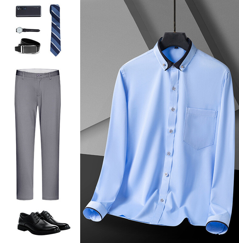 Új divat tavaszi rugalmas nem vasaló hosszú ujjú ing Férfi ifjúsági kristálygombos patchwork gallér, nem pamut üzleti ing férfi