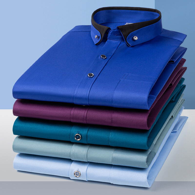 Új divat tavaszi rugalmas nem vasaló hosszú ujjú ing Férfi ifjúsági kristálygombos patchwork gallér, nem pamut üzleti ing férfi