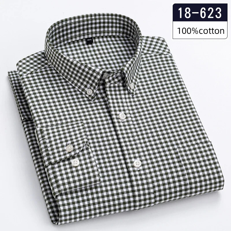 Új ingben, magas minőségben 100% pamut hosszú ujjú férfi ingek vékony szabású lezser puha kockás felsők vékony zsebes vadászfogú ruhák