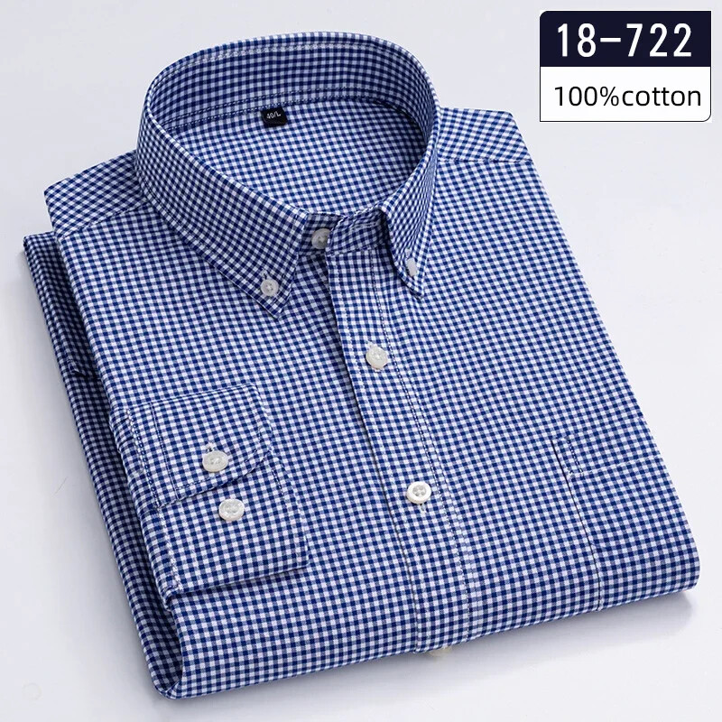 Új ingben, magas minőségben 100% pamut hosszú ujjú férfi ingek vékony szabású lezser puha kockás felsők vékony zsebes vadászfogú ruhák