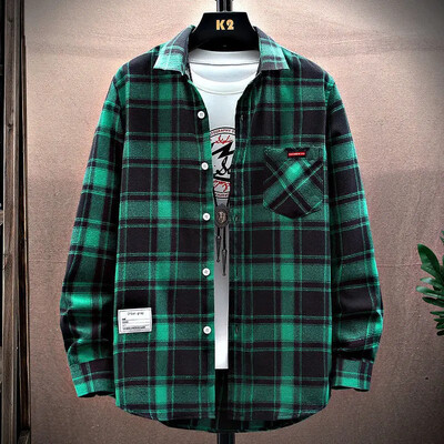 2024 tavaszi és őszi új férfi hosszú ujjú pamut ing Férfi divatos alkalmi laza ingek Divatos kockás ing Hawaii