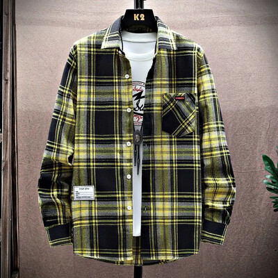 2024 tavaszi és őszi új férfi hosszú ujjú pamut ing Férfi divatos alkalmi laza ingek Divatos kockás ing Hawaii