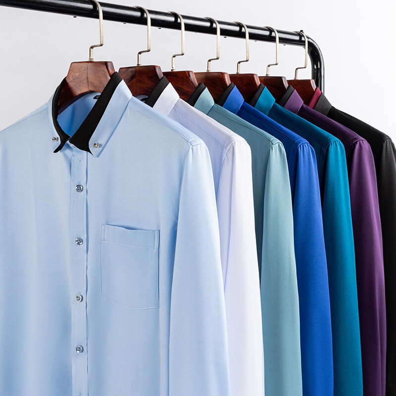 Hot Sale Férfi üzleti ruha ingek hosszú ujjú kontraszt gallér Social Camisa gyémánt ránctalanító gombbal lefelé fekete kék