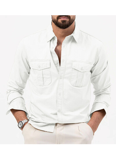 Tavaszi/nyári európai és amerikai férfi ingek több zsebbel, alkalmi karcsú szabású, hosszú ujjú munkaruha felső