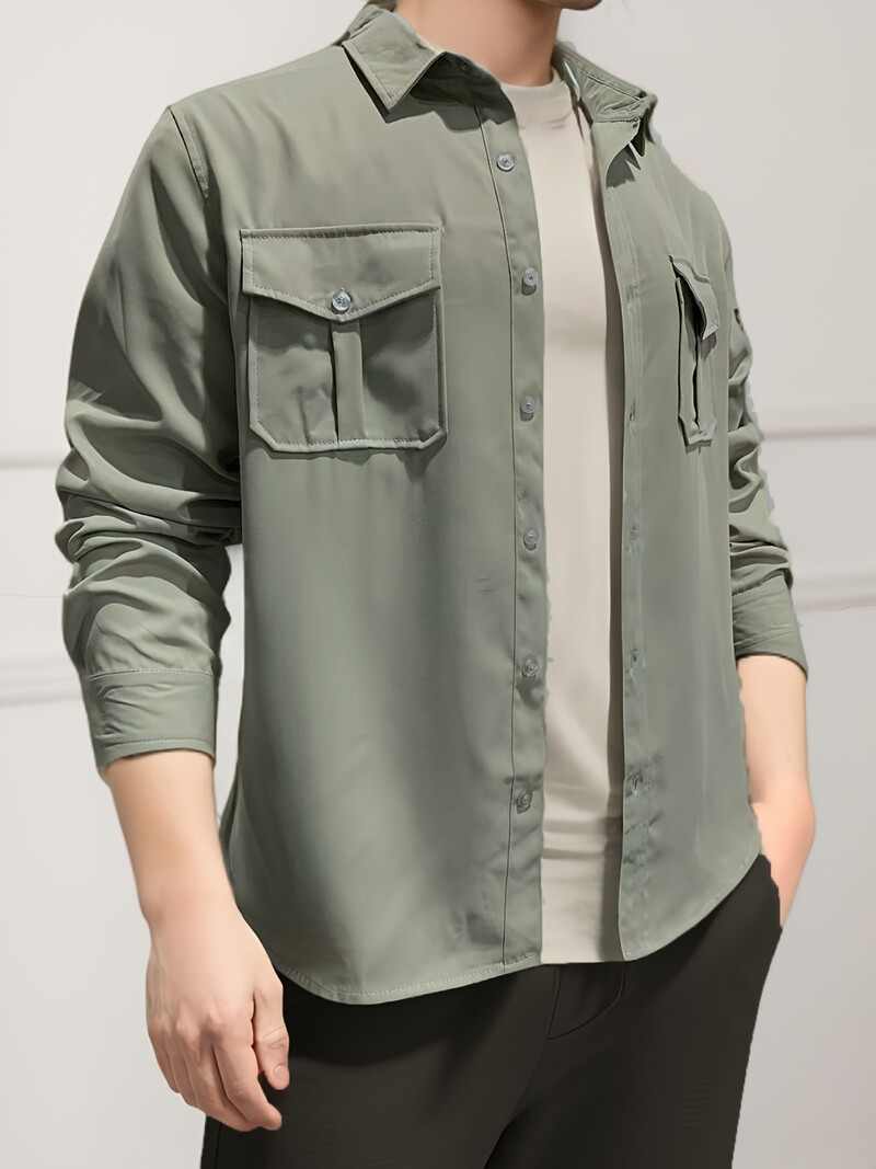 Tavaszi/nyári európai és amerikai férfi ingek több zsebbel, alkalmi karcsú szabású, hosszú ujjú munkaruha felső