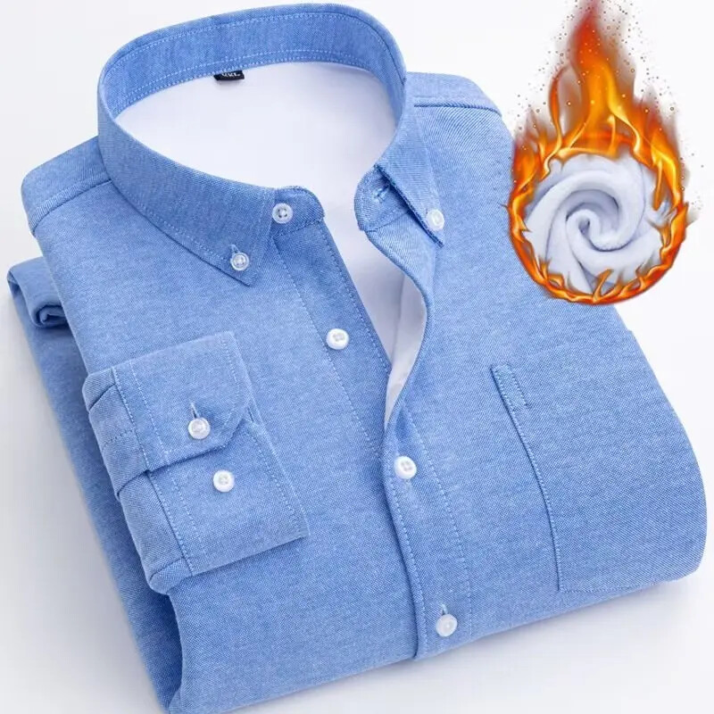 Sokoldalú Oxford Cloth Férfi hosszú ujjú, polár bélésű ing Őszi/téli meleg, üzleti passzoló dzseki
