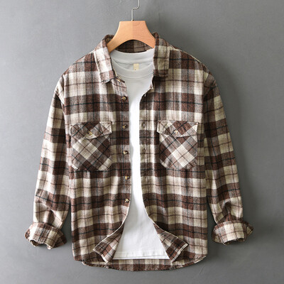 2024 Őszi Tél Új Laza Vintage Plaid 100% Pamut Férfi Ingek Ruházat Cargo Big Pockets Férfi ingek AZT724