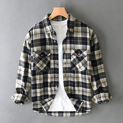 2024 Őszi Tél Új Laza Vintage Plaid 100% Pamut Férfi Ingek Ruházat Cargo Big Pockets Férfi ingek AZT724