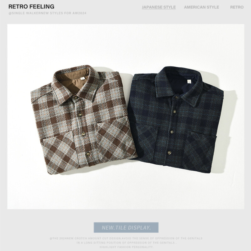 2024 m. rudens žiema Nauji laisvi vintažiniai languoti vilnoniai marškiniai vyrams Drabužiai Cargo Big Pockets Vyriški marškiniai AZT735