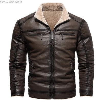 Téli férfi dzseki, egyszínű, vastagított, vékonyan illeszkedő PU dzseki üzleti alkalmi Kiváló minőségű téli dzseki férfi motoros dzseki férfi