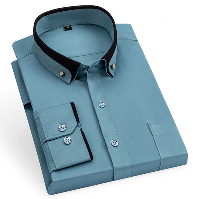 Jauns vīriešu biznesa krekls ar garām piedurknēm pavasara rudens kontrasta apkakle, kas apvienota ar dimanta pretgrumbu pogām rozā kāzām