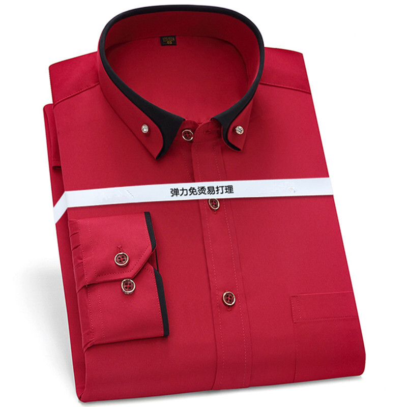 Jauns vīriešu biznesa krekls ar garām piedurknēm pavasara rudens kontrasta apkakle, kas apvienota ar dimanta pretgrumbu pogām rozā kāzām