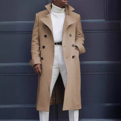 Férfi felvonókabát, 2024 tavaszi ősz, új koreai divat, karcsúsított, kétsoros felöltő, középhosszú városi, alkalmi gyapjúkabát