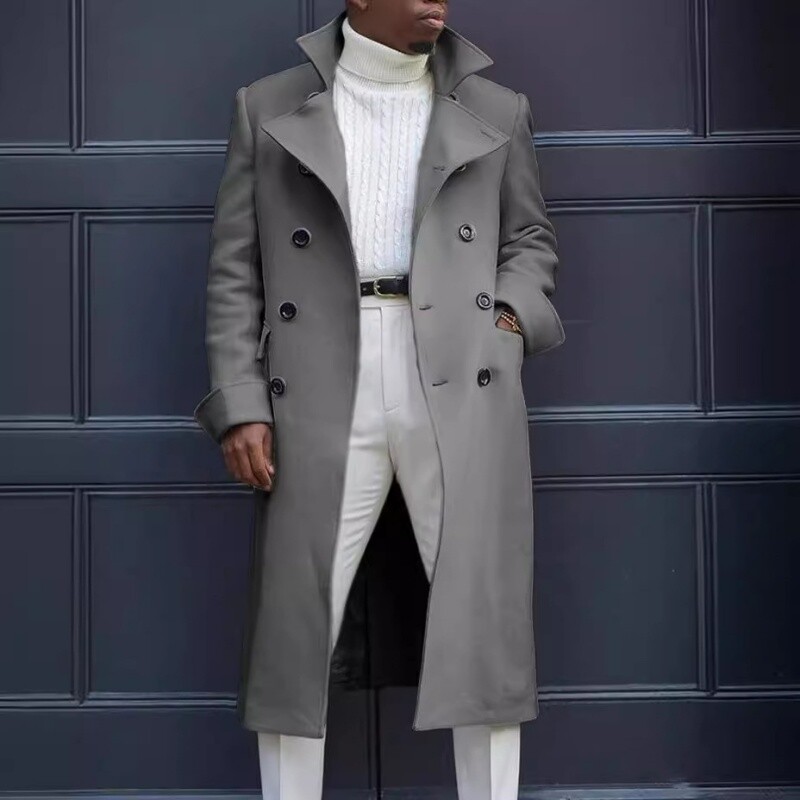 Férfi felvonókabát, 2024 tavaszi ősz, új koreai divat, karcsúsított, kétsoros felöltő, középhosszú városi, alkalmi gyapjúkabát