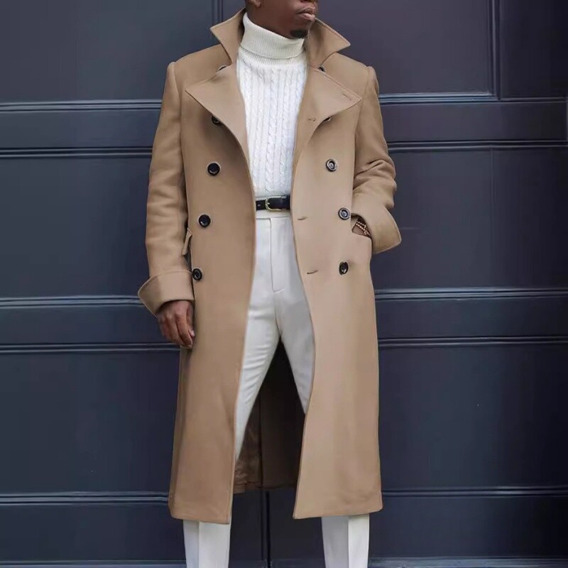 Férfi felvonókabát, 2024 tavaszi ősz, új koreai divat, karcsúsított, kétsoros felöltő, középhosszú városi, alkalmi gyapjúkabát