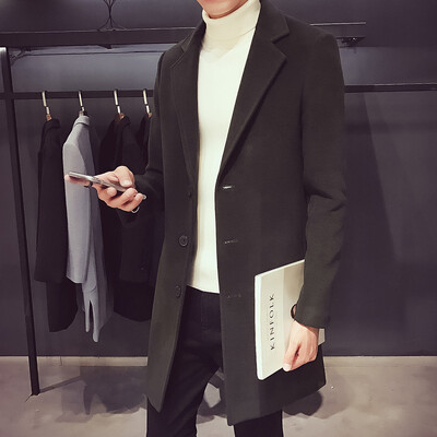 Őszi és téli vékony szabású, hosszú gyapjúkabát férfi egysoros hajtóka számára, utcai divatos üzleti felvonó kabát férfi ruházathoz