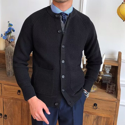 Vintage πουλόβερ με λαιμόκοψη με κουμπιά ανδρικά ζακέτες μονόχρωμα μακρυμάνικα πλεκτά μπουφάν για άνδρες Φθινοπωρινά χειμωνιάτικα πουλόβερ