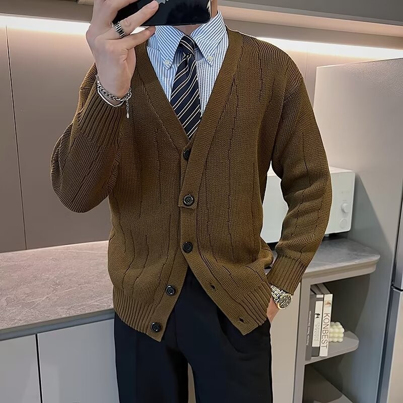 Rudens un ziemas jauns retro brīvs trikotāžas V veida apkakle, vīriešu Dienvidkorejas ikdienas jaka, vīriešu trikotāžas krekls, džemperis