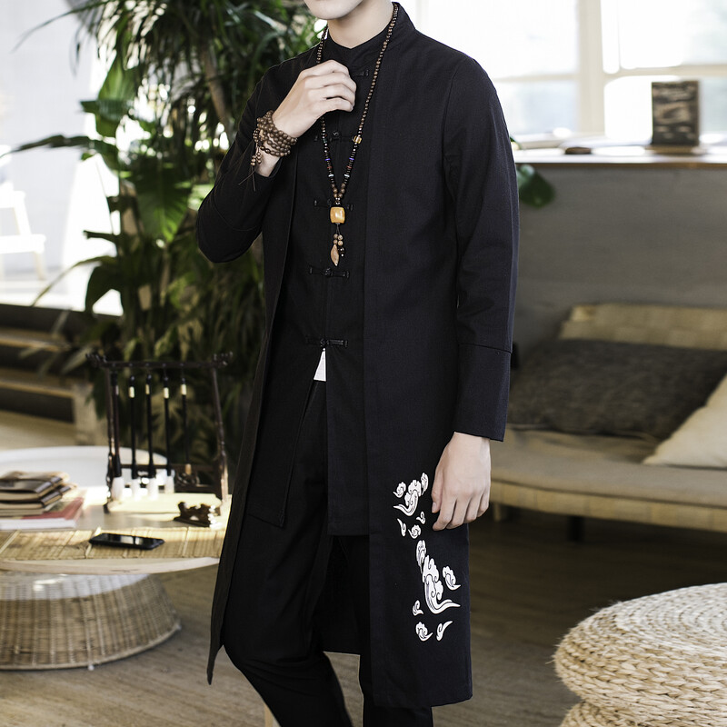 2023 Ανδρικό λινό κέντημα παλτό γερανού κιμονό Vintage μακρύ τζάκετ ανδρικό κινέζικο στιλ Χαλαρό National Streetwear Hanfu Robe