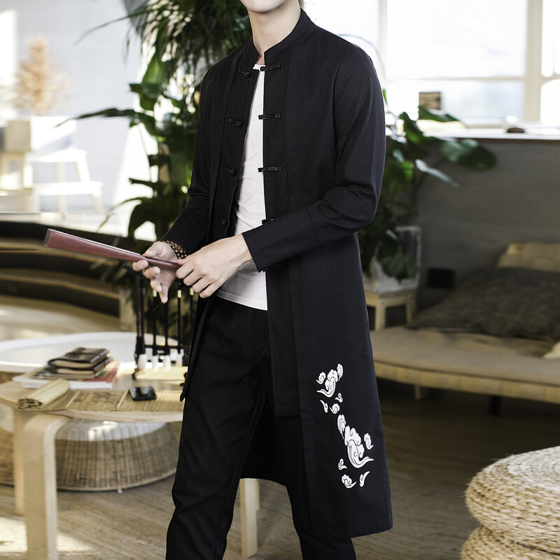 2023 Ανδρικό λινό κέντημα παλτό γερανού κιμονό Vintage μακρύ τζάκετ ανδρικό κινέζικο στιλ Χαλαρό National Streetwear Hanfu Robe