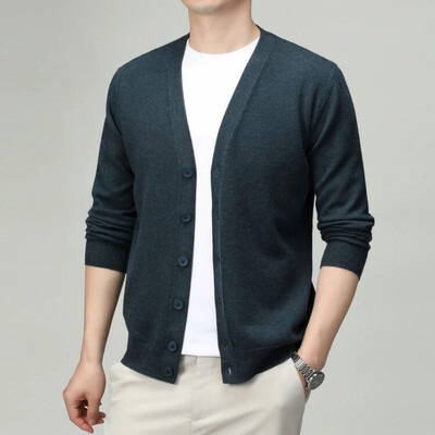 V-nyakú, egyszínű férfi kardigán – üzleti alkalmi, rugalmas kötött pulóver tavaszra és őszre, kiváló minőségű férfiruházat