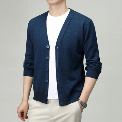 V-nyakú, egyszínű férfi kardigán – üzleti alkalmi, rugalmas kötött pulóver tavaszra és őszre, kiváló minőségű férfiruházat