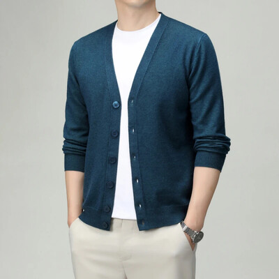 V-nyakú, egyszínű férfi kardigán – üzleti alkalmi, rugalmas kötött pulóver tavaszra és őszre, kiváló minőségű férfiruházat
