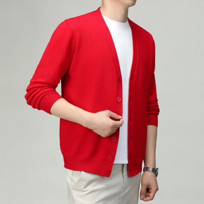 V-nyakú, egyszínű férfi kardigán – üzleti alkalmi, rugalmas kötött pulóver tavaszra és őszre, kiváló minőségű férfiruházat