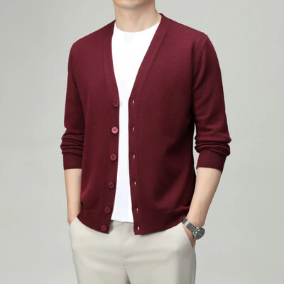 V-nyakú, egyszínű férfi kardigán – üzleti alkalmi, rugalmas kötött pulóver tavaszra és őszre, kiváló minőségű férfiruházat
