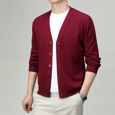 V-nyakú, egyszínű férfi kardigán – üzleti alkalmi, rugalmas kötött pulóver tavaszra és őszre, kiváló minőségű férfiruházat
