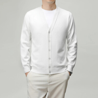 V-nyakú, egyszínű férfi kardigán – üzleti alkalmi, rugalmas kötött pulóver tavaszra és őszre, kiváló minőségű férfiruházat