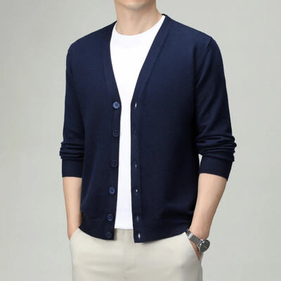 V-nyakú, egyszínű férfi kardigán – üzleti alkalmi, rugalmas kötött pulóver tavaszra és őszre, kiváló minőségű férfiruházat