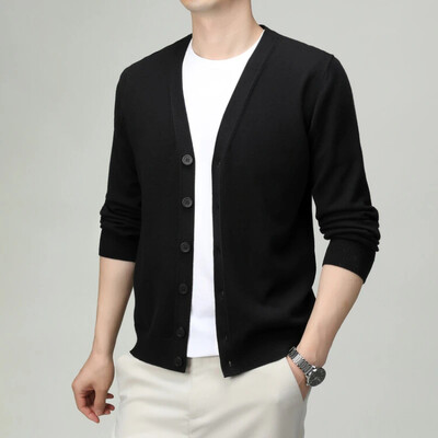V-nyakú, egyszínű férfi kardigán – üzleti alkalmi, rugalmas kötött pulóver tavaszra és őszre, kiváló minőségű férfiruházat