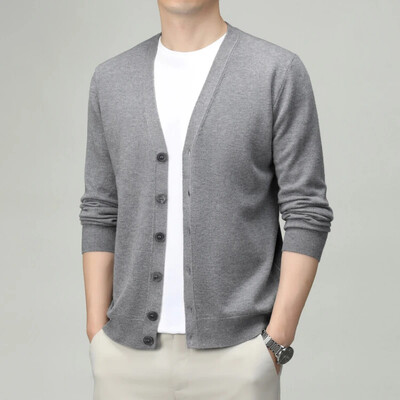 V-nyakú, egyszínű férfi kardigán – üzleti alkalmi, rugalmas kötött pulóver tavaszra és őszre, kiváló minőségű férfiruházat