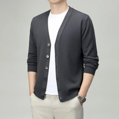 V-nyakú, egyszínű férfi kardigán – üzleti alkalmi, rugalmas kötött pulóver tavaszra és őszre, kiváló minőségű férfiruházat