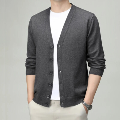 V-nyakú, egyszínű férfi kardigán – üzleti alkalmi, rugalmas kötött pulóver tavaszra és őszre, kiváló minőségű férfiruházat