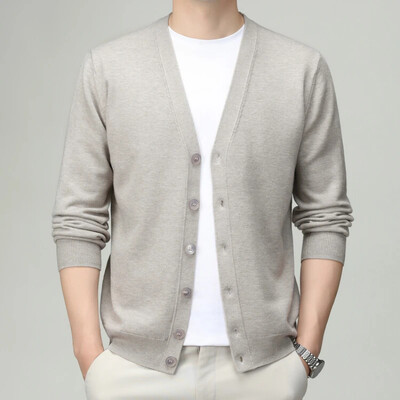 V-nyakú, egyszínű férfi kardigán – üzleti alkalmi, rugalmas kötött pulóver tavaszra és őszre, kiváló minőségű férfiruházat