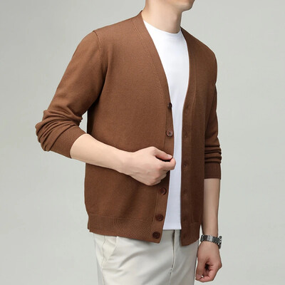 V-nyakú, egyszínű férfi kardigán – üzleti alkalmi, rugalmas kötött pulóver tavaszra és őszre, kiváló minőségű férfiruházat