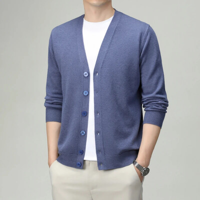 V-nyakú, egyszínű férfi kardigán – üzleti alkalmi, rugalmas kötött pulóver tavaszra és őszre, kiváló minőségű férfiruházat