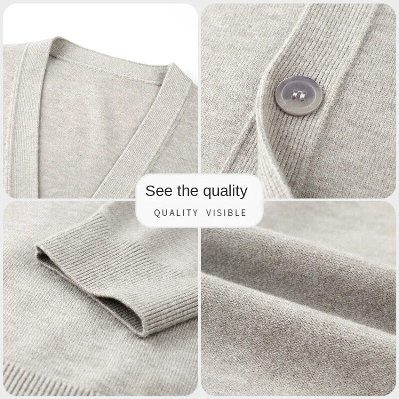 V-nyakú, egyszínű férfi kardigán – üzleti alkalmi, rugalmas kötött pulóver tavaszra és őszre, kiváló minőségű férfiruházat