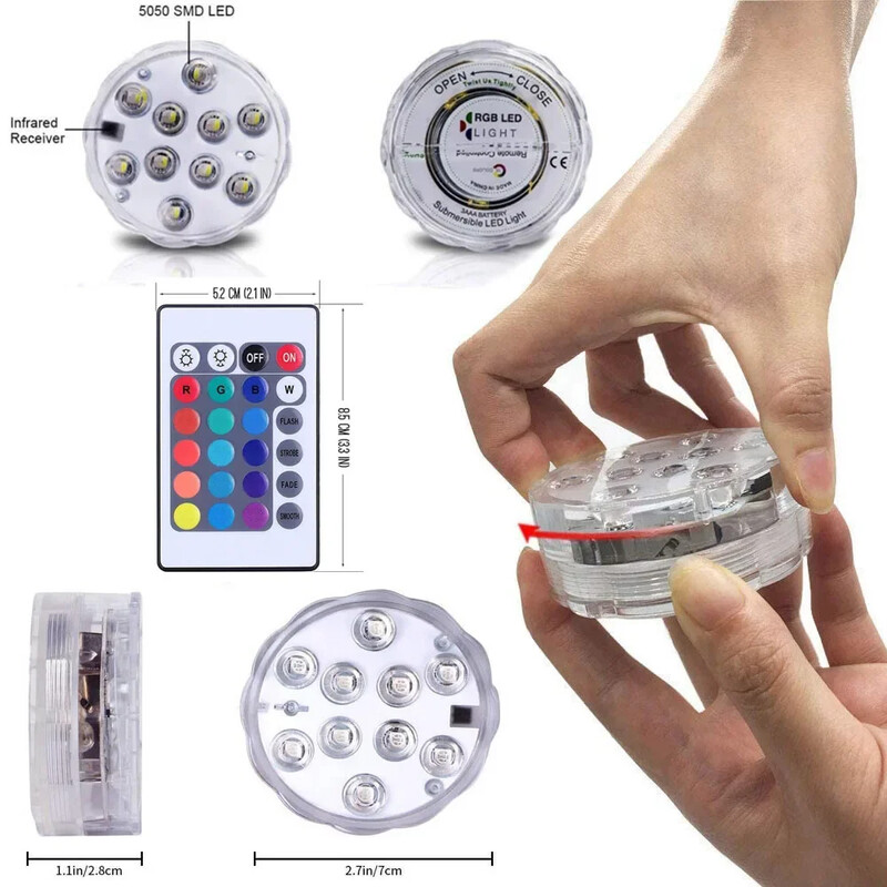 10 LED RGB iegremdējamās LED gaismas zemūdens nakts gaisma āra peldbaseina gaisma tējas gaismas vāze dīķa ballītes kāzu dekors