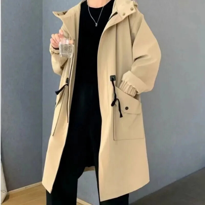 2024 tavaszi őszi hadsereg zöld széldzseki, divatos férfi, közepes hosszúságú, alkalmi kapucnis kabát Férfi napi High Street felöltő Férfi ruhák