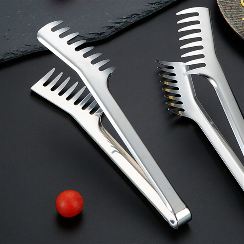 Nešiojamas neslystantis nerūdijančio plieno maistinis virtuvinis segtukas, pagilinantis dantytas makaronų spaustukas, pailgintos rankenos šukos Lengvai paimamos kepsninės žnyplės