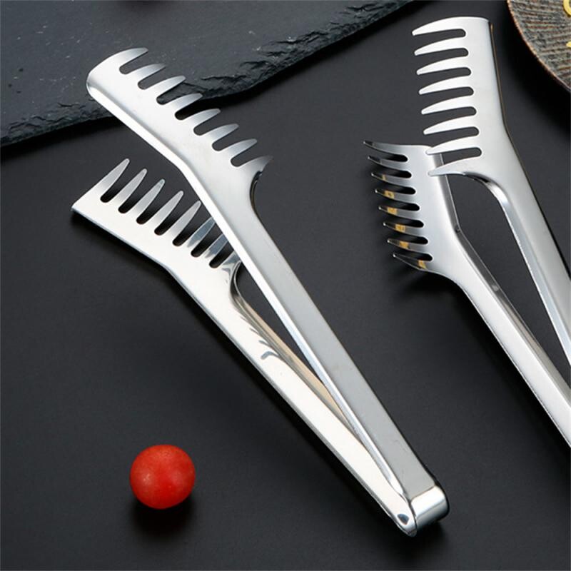Nešiojamas neslystantis nerūdijančio plieno maistinis virtuvės segtukas, gilinamasis dantytas makaronų spaustukas, pailgintos rankenos šukos Lengvai paimamos kepsninės žnyplės