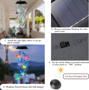 LED Wind Chimes Διακοσμημένο Ηλιακό Κολίμπρι Τοπίο Κρεμαστό Ηλιακό Φως Φώτα Κήπου Διακοσμημένο Ατμόσφαιρα Μενταγιόν αυλής