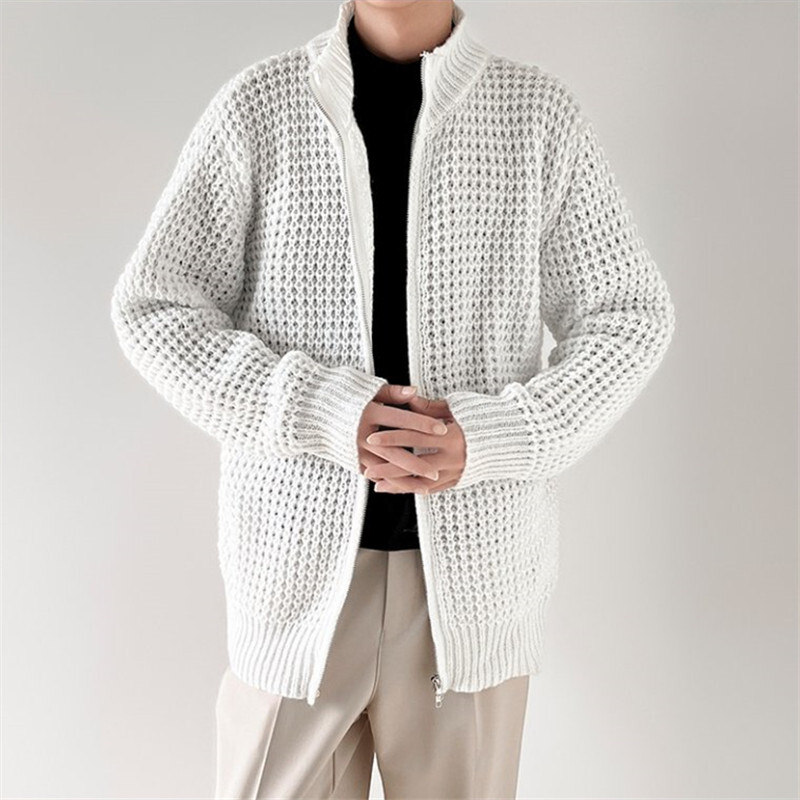 Jauns pavasara rudens trikotāžas džemperis vīriešu vienkrāsains apkakles rāvējslēdzējs trikotāžas jaciņa vīriešu korejiešu brīva gadījuma džempera jaka